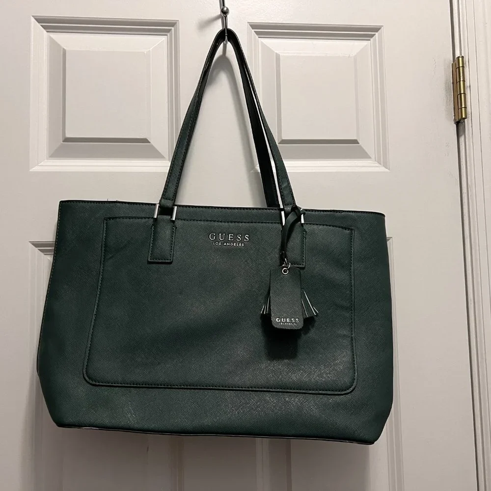 Guess Thornhill forest green large shoulder bag with tassels